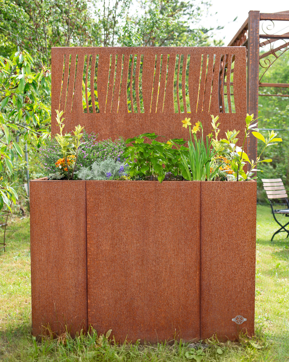 Hochbeet Manarola mit Sichtschutz Motiv Arno bepflanzt in einem privaten Garten | Cortenstahl Hochbeet Manarola mit Sichtschutz Motiv Arno bepflanzt in einem privaten Garten | Cortenstahl