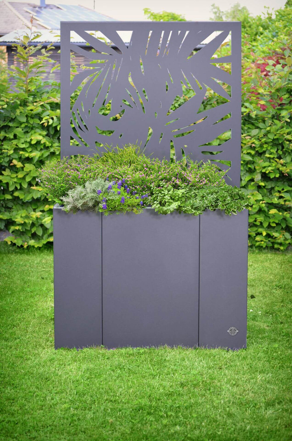 Hochbeet Monterosso mit Sichtschutz Motiv Tanaro bepflanzt und freistehend in einem Garten | Pulverbeschichtet anthrazit Hochbeet Monterosso mit Sichtschutz Motiv Tanaro bepflanzt und freistehend in einem Garten | Pulverbeschichtet anthrazit