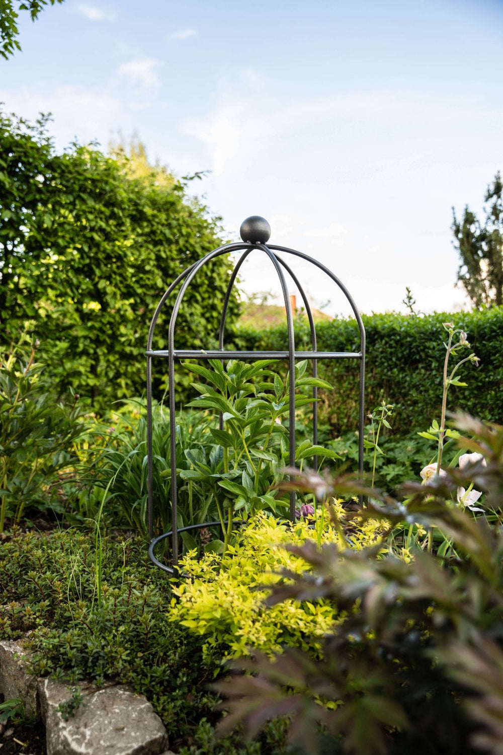 Pflanzstütze Arezzo in pulverbeschichtet Anthrazit in einem bepflanzten Garten Pflanzstütze Arezzo in pulverbeschichtet Anthrazit in einem bepflanzten Garten