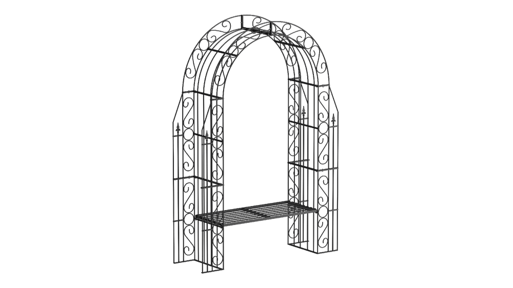 Rosenbogen Calabria mit Bank in pulverbeschichtet Sonderfarbe RAL 9005 Tiefschwarz als 3D-Modell Rosenbogen Calabria mit Bank in pulverbeschichtet Sonderfarbe RAL 9005 Tiefschwarz als 3D-Modell