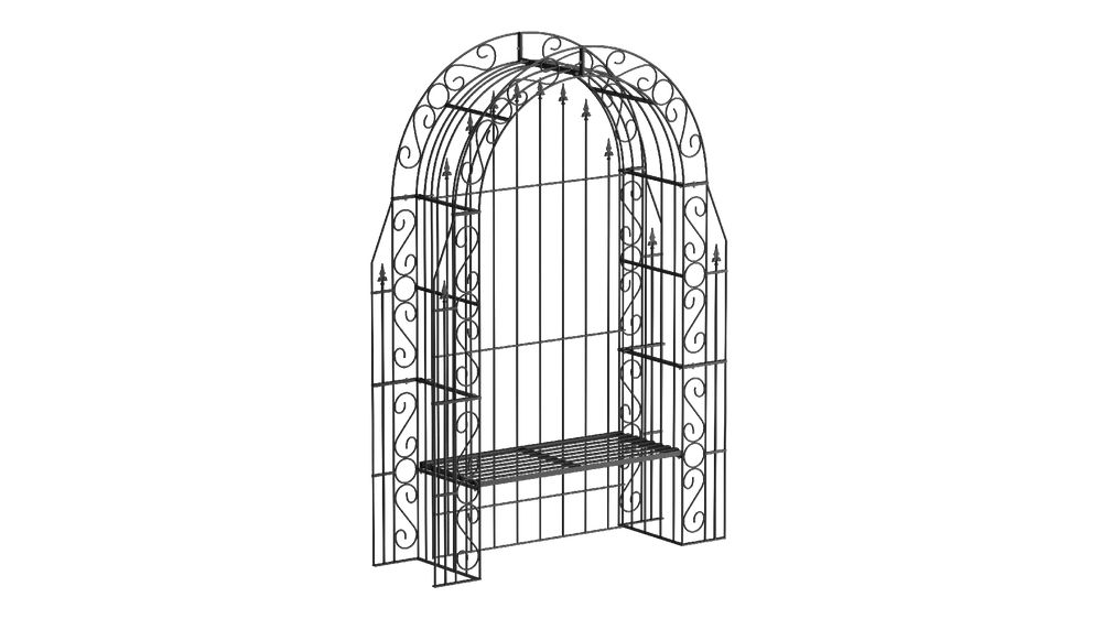 Rosenbogen Calabria mit Bank und Rückwand in pulverbeschichtet Sonderfarbe RAL 9005 Tiefschwarz als 3D-Modell Rosenbogen Calabria mit Bank und Rückwand in pulverbeschichtet Sonderfarbe RAL 9005 Tiefschwarz als 3D-Modell