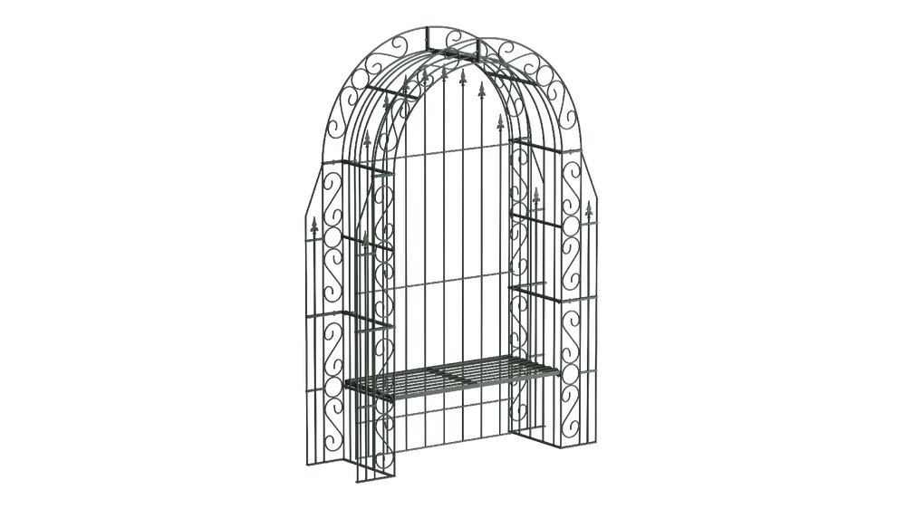 Rosenbogen Calabria mit Bank und Rückwand in pulverbeschichtet Sonderfarbe RAL 6009 Tannengrün als 3D-Modell Rosenbogen Calabria mit Bank und Rückwand in pulverbeschichtet Sonderfarbe RAL 6009 Tannengrün als 3D-Modell