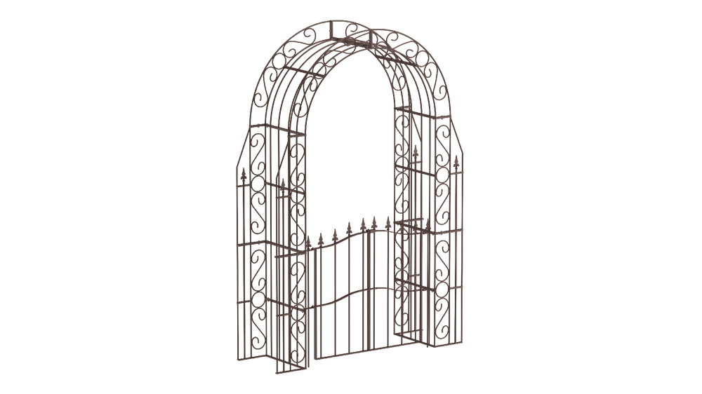 Rosenbogen Calabria mit Tür in pulverbeschichtet Sonderfarbe RAL 8017 Schokobraun als 3D-Modell Rosenbogen Calabria mit Tür in pulverbeschichtet Sonderfarbe RAL 8017 Schokobraun als 3D-Modell