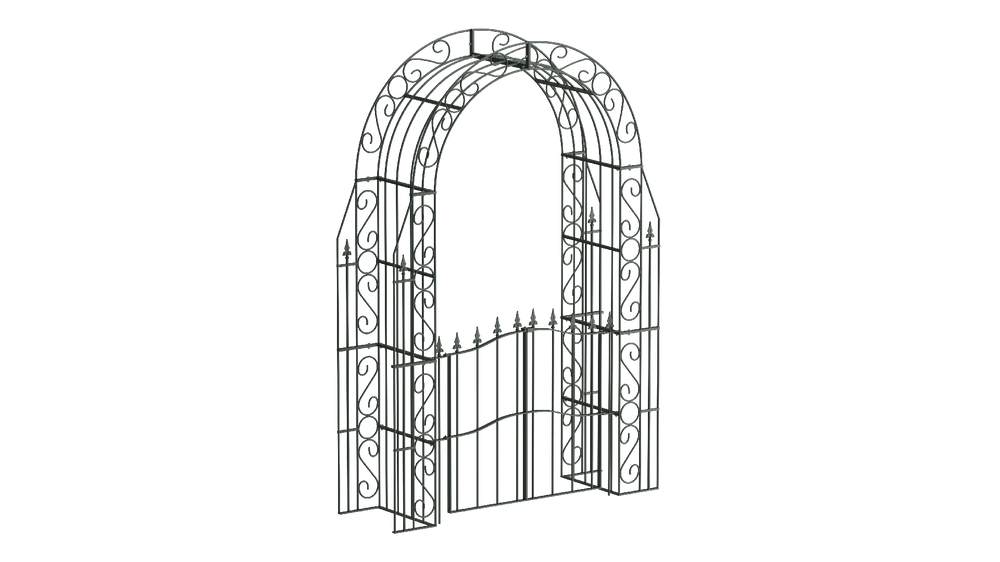 Rosenbogen Calabria mit Tür in pulverbeschichtet Sonderfarbe RAL 6009 Tannengrün als 3D-Modell Rosenbogen Calabria mit Tür in pulverbeschichtet Sonderfarbe RAL 6009 Tannengrün als 3D-Modell