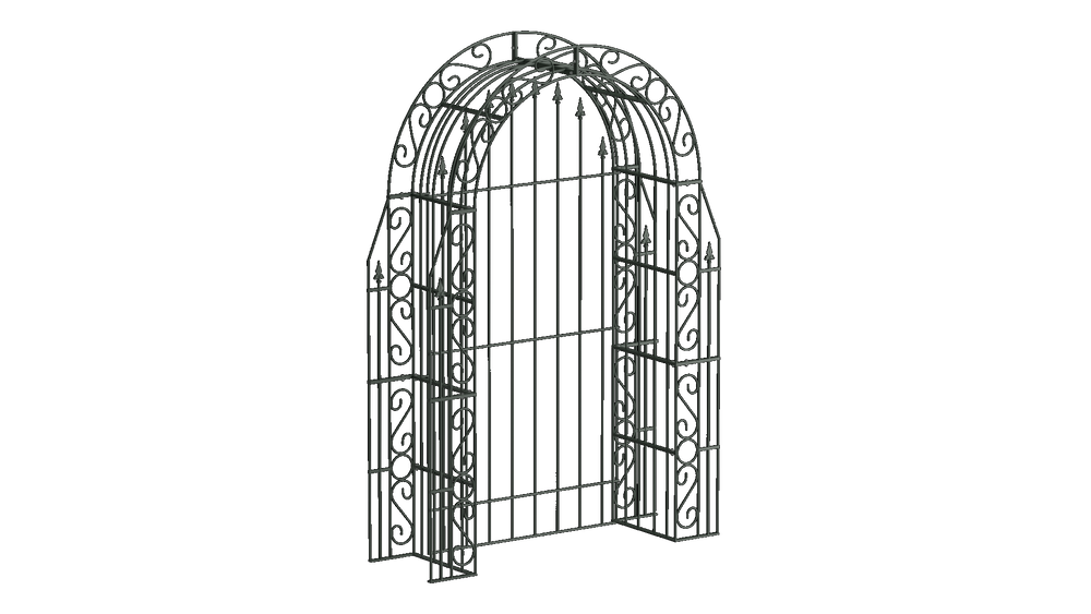 Rosenbogen Calabria mit Rückwand in pulverbeschichtet Sonderfarbe RAL 6009 Tannengrün als 3D-Modell Rosenbogen Calabria mit Rückwand in pulverbeschichtet Sonderfarbe RAL 6009 Tannengrün als 3D-Modell