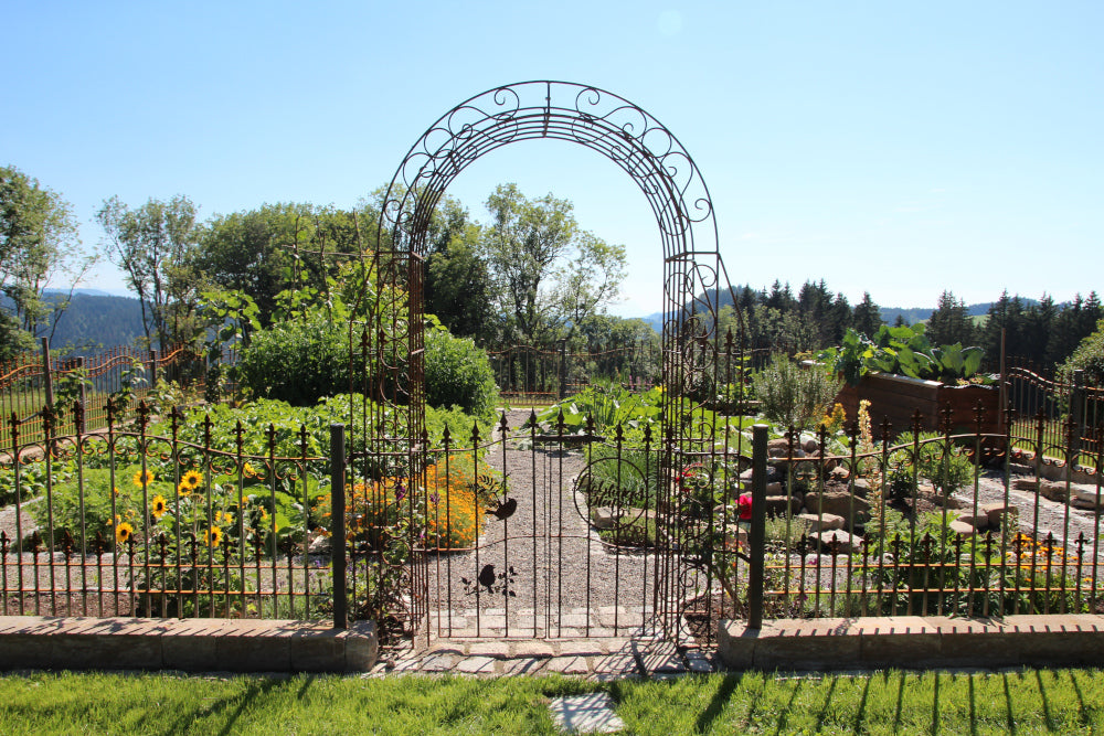 Rosenbogen Calabria mit Tür in unbeschichtet als Eingang zu einem eingezäunten Garten Rosenbogen Calabria mit Tür in unbeschichtet als Eingang zu einem eingezäunten Garten