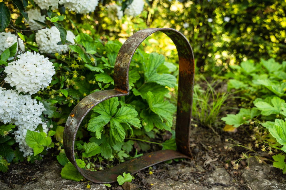 Metallherz Biella vor grünen Pflanzen mit weißen Blüten, unbeschichtet Metallherz Biella vor grünen Pflanzen mit weißen Blüten, unbeschichtet