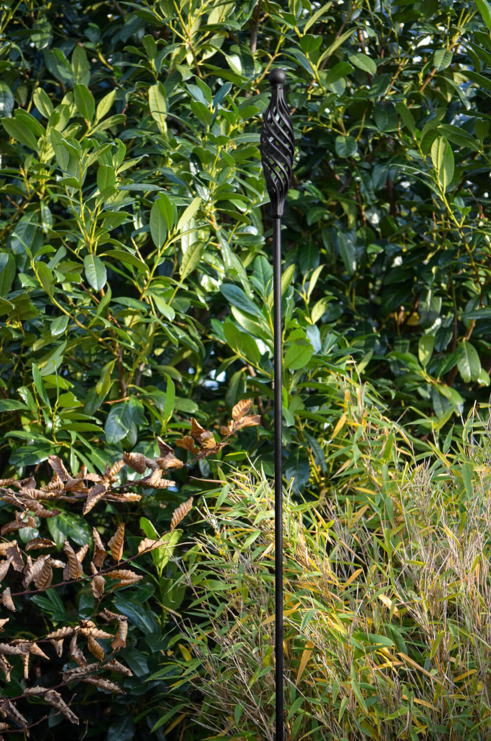 Rankstab Vicenza in pulverbeschichtet Sonderfarbe RAL 9005 Tiefschwarz aus der Nähe zwischen Pflanzen Rankstab Vicenza in pulverbeschichtet Sonderfarbe RAL 9005 Tiefschwarz aus der Nähe zwischen Pflanzen