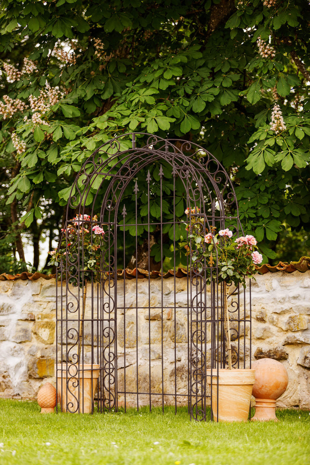 Rosenbogen Calabria mit Rückwand in pulverbeschichtet Sonderfarbe RAL 8017 Schokobraun mit romantischer Rosen-Bepflanzung Rosenbogen Calabria mit Rückwand in pulverbeschichtet Sonderfarbe RAL 8017 Schokobraun mit romantischer Rosen-Bepflanzung