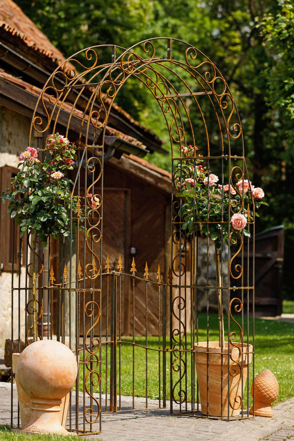 Rosenbogen Calabria mit Tür in unbeschichtet romantisch dekoriert in einem mediterranen Garten Rosenbogen Calabria mit Tür in unbeschichtet romantisch dekoriert in einem mediterranen Garten