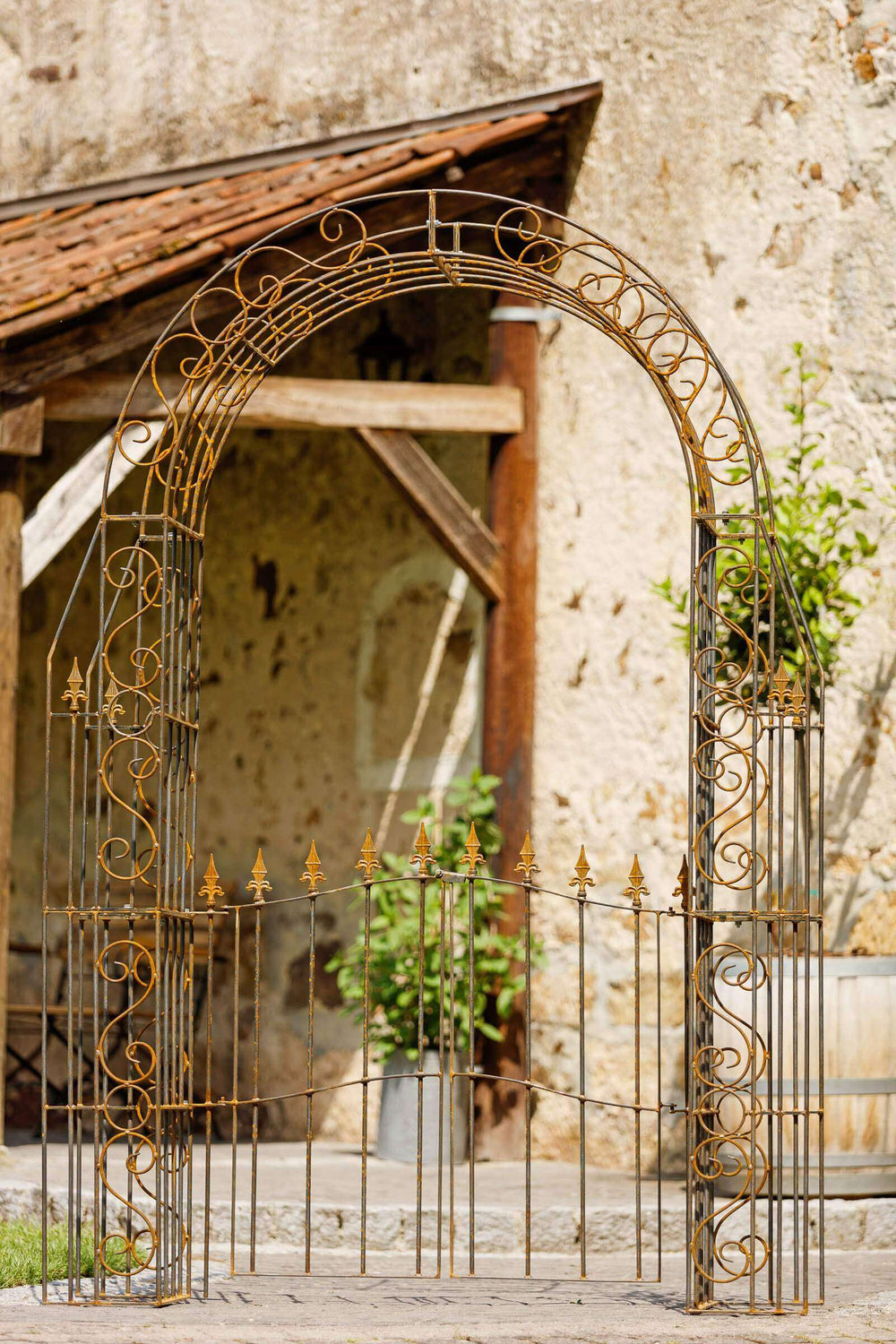 Rosenbogen Calabria mit Tür in unbeschichtet in einem mediterranen Garten Rosenbogen Calabria mit Tür in unbeschichtet in einem mediterranen Garten