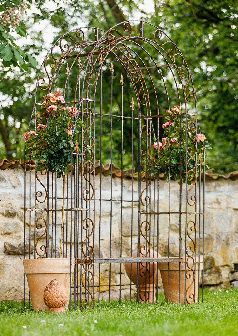 Rosenbogen Calabria mit Bank und Rückwand romantisch dekoriert in einem Garten Rosenbogen Calabria mit Bank und Rückwand romantisch dekoriert in einem Garten