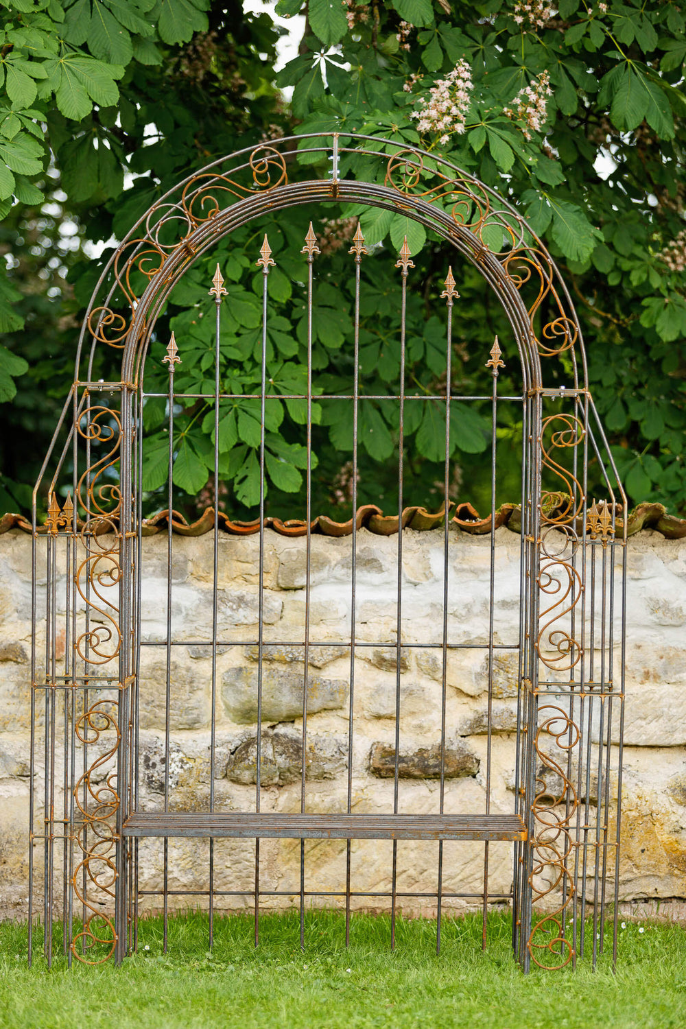 Rosenbogen Calabria mit Bank und Rückwand in Rostoptik Gesamtansicht frontal vor halbhoher Mauer und grünen Bäumen Rosenbogen Calabria mit Bank und Rückwand in Rostoptik Gesamtansicht frontal vor halbhoher Mauer und grünen Bäumen