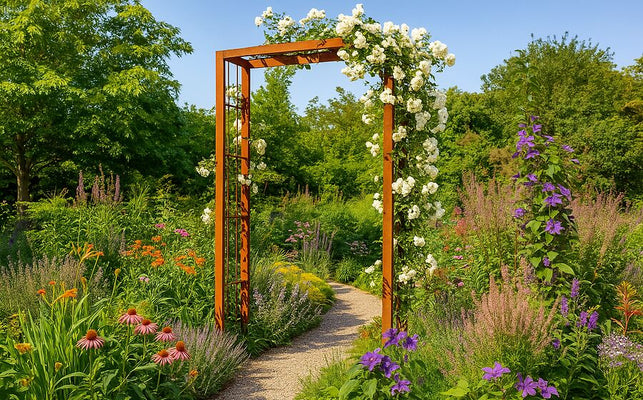 Romantische Gartengestaltung mit einem Metall-Rosenbogen