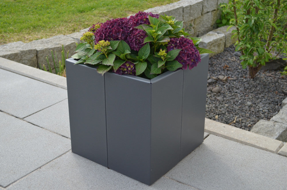 Pflanzkübel Vernazza 40x40x40 in Metall bepflanzt vor einem grünen Garten