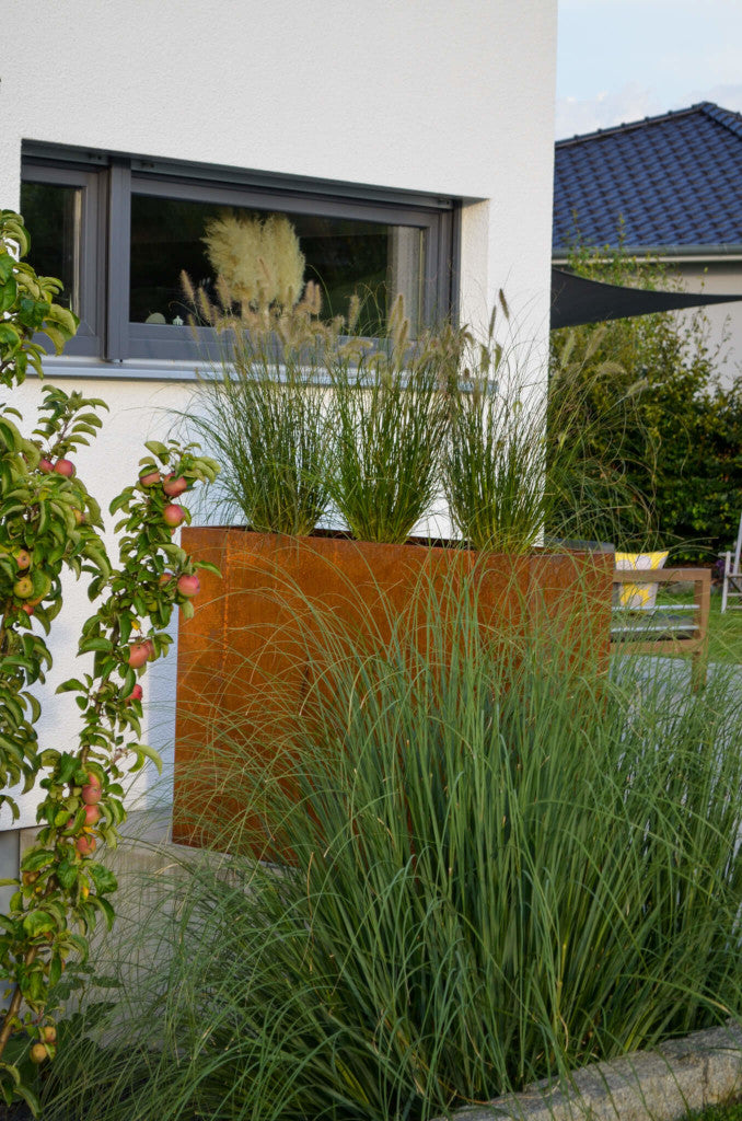 Hochbeet Manarola 40x136x100 in Cortenstahl bepflanzt auf einer Terrasse hinter einer grünen Hecke