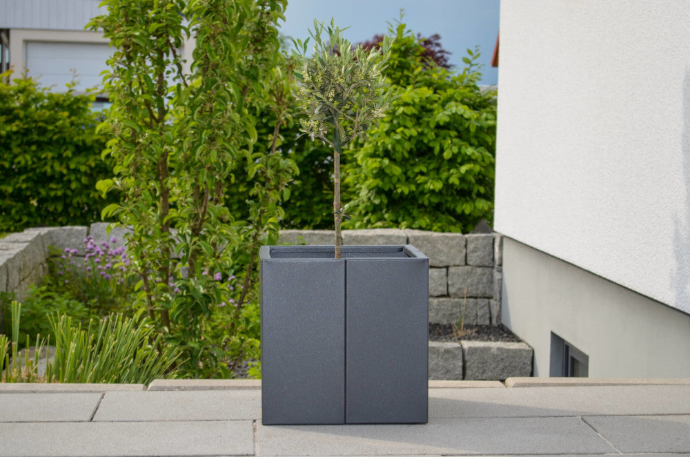 Pflanzkübel Vernazza 40x40x40 in Metall bepflanzt vor einem grünen Garten